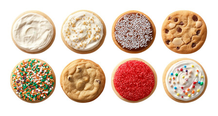 Collection of round cookie cookies biscuit, sprinkle and icing set, on transparent background cutout. PNG file. 