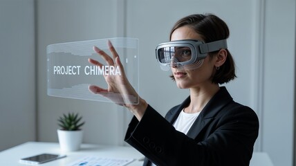 Professional woman confidently interacting with futuristic digital interface displaying Project Chimera