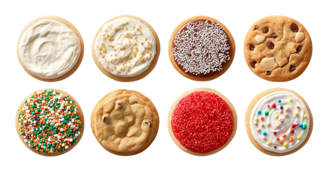 Collection of round cookie cookies biscuit, sprinkle and icing set, on transparent background cutout. PNG file. 