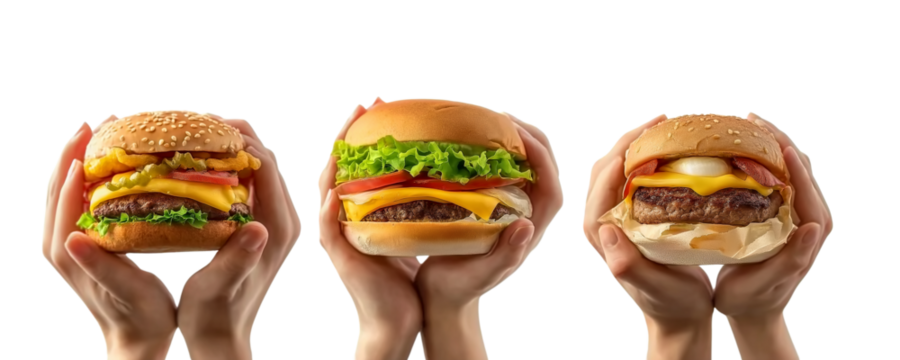 Collection of hand holding burger, cheeseburger, hamburger, fish fillet, meat, chicken, beef flavour on transparent cutout, PNG.