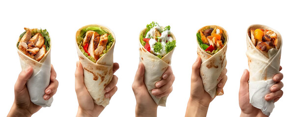 Collection set of hand holding burrito shawarma gyros wrap, different ingredients kebab beef cheese lamb chicken tomato chili vegetable lettuce on transparent cutout PNG.
