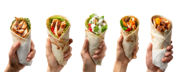 Collection set of hand holding burrito shawarma gyros wrap, different ingredients kebab beef cheese lamb chicken tomato chili vegetable lettuce on transparent cutout PNG. 