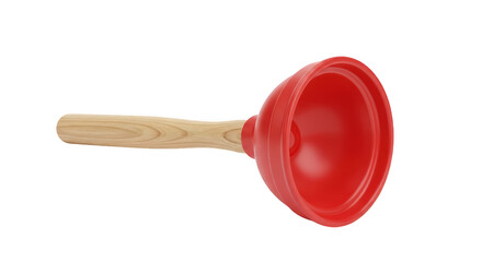 Red rubber cup plunger with a light brown wooden handle isolated on transparent background for plumbing and cleaning tasks
