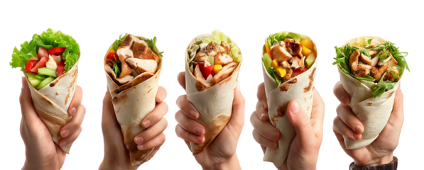 Collection set of hand holding burrito shawarma gyros wrap, different ingredients kebab beef cheese lamb chicken tomato chili vegetable lettuce on transparent cutout PNG. 
