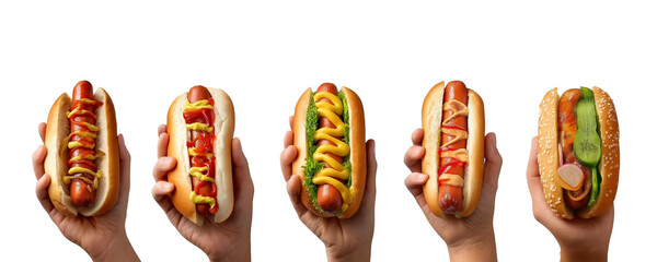 Set of hand holding frankfurter frank hotdog hot dog wiener bun sandwich, with different ingredients vegetable beef chicken cheese lettuce mustard ketchup on transparent background, cutout 