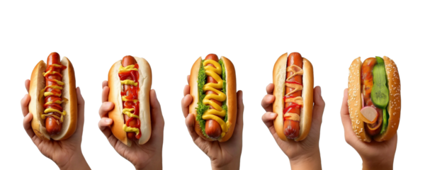 Set of hand holding frankfurter frank hotdog hot dog wiener bun sandwich, with different ingredients vegetable beef chicken cheese lettuce mustard ketchup on transparent background, cutout 