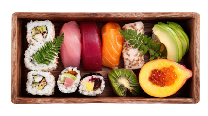 Set of sushi and maki with soy sauce over blue stone background. Top view with copy space