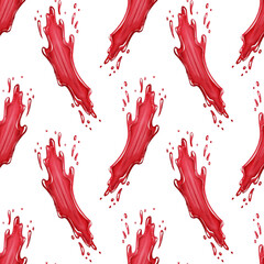 Seamless pattern with watercolor raspberry juice splashes on white background. Perfect for packaging, labels, menus, backgrounds for natural product and drink design.