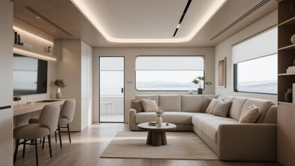 Modern living room with large windows, sleek furniture, and minimalist decor