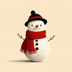 Snowman wearing a red scarf and black hat stands cheerfully against a light background