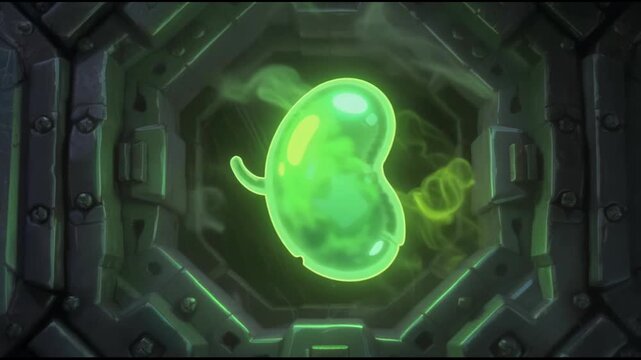 Vibrant Luminous Green Kidney Bean Shaped Organ Floating Amidst Swirling Mysterious Smoke in a Dark Futuristic Hexagonal Chamber