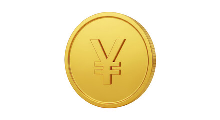 A single golden coin with the japanese yen symbol embossed on its surface isolated on transparent background