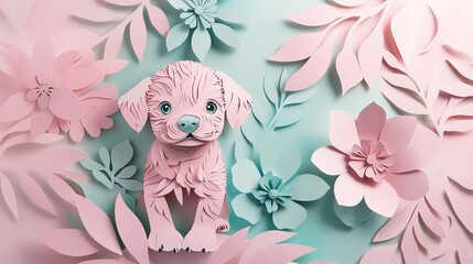 Dreamy paper cut style puppy and floral pattern with pale pink and mint green background, nursery wall art style, suitable for baby room decoration.