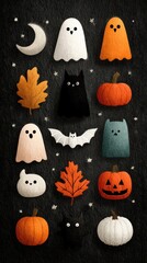 Colorful Halloween illustrations featuring ghosts, pumpkins, and a bat on a dark background