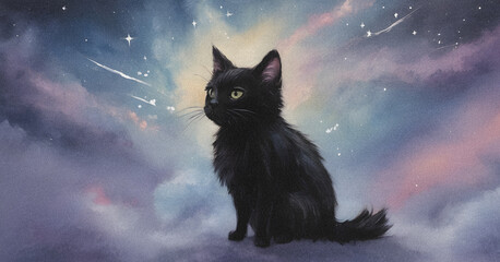 Black Cat and Night Sky Watercolor Painting for Greeting Cards
