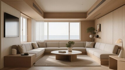 Fototapeta premium Modern minimalist living room with a large sectional sofa, wooden accents, and a view of the sea through large windows.
