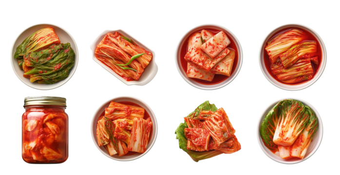 Set of Kimchi traditional Banchan korean side dish fermented vegetable, napa cabbage radish, bottle bowl chop cut pile isolated on transparent background, cutout