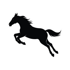 Dynamic black silhouette of a horse leaping gracefully in mid air against a clean white background
