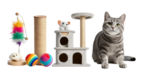 Collection set of scratch post, climbing tree playhouse and individual pet accessories for animal cat kitten on transparent cutout PNG. 