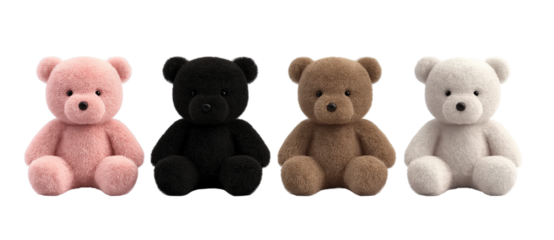 Set of fur plush stuffed teddy bear, black, white, brown, pink on transparent background cutout, PNG file.