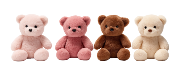 Set of fur plush stuffed teddy bear, black, white, brown, pink on transparent background cutout, PNG file.