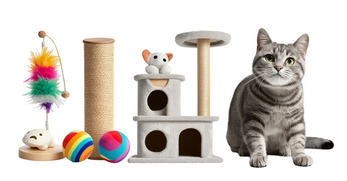 Collection set of scratch post, climbing tree playhouse and individual pet accessories for animal cat kitten on transparent cutout PNG. 
