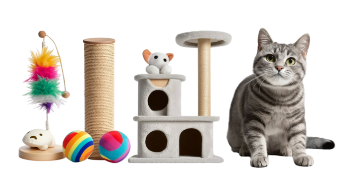 Collection set of scratch post, climbing tree playhouse and individual pet accessories for animal cat kitten on transparent cutout PNG. 