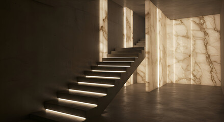 Fototapeta premium An illuminated concrete staircase with recessed LED lights creates a dramatic focal point, perfect for architectural, interior design, or luxury home advertising.