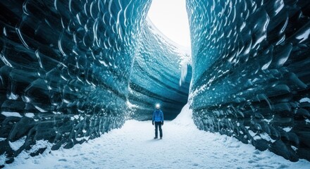 A person stands in a vast, icy cave