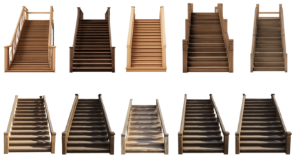 Set collection of circular spiral curved curvature wood wooden step stairs stairway staircase, front view on transparent cutout PNG. 
