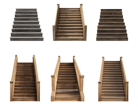 Set collection of circular spiral curved curvature wood wooden step stairs stairway staircase, front view on transparent cutout PNG. 