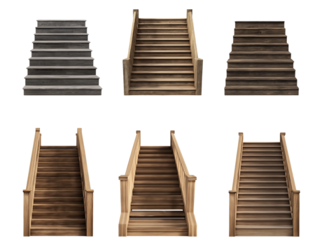Set collection of circular spiral curved curvature wood wooden step stairs stairway staircase, front view on transparent cutout PNG. 