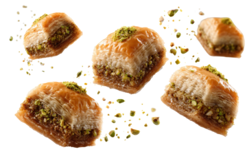 Delicious Pistachio Baklava Falling Sweet Treat Middle Eastern Dessert, isolated on a transparent background