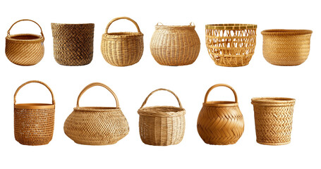 Set of rustic empty bamboo wicker rattan straw weave woven storage basket on transparent background cutout, PNG file. 