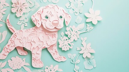 Dreamy paper cut style puppy and floral pattern with pale pink and mint green background, nursery wall art style, suitable for baby room decoration.
