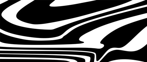 Seamless Liquid Abstract Black and White Stripe. Backdrop Geometric Incline, Waves Line. Optical Illusion for Banner, Poster, Cover, Web. 3d Optical Op Art in Vector illustration.