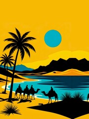 Agadir Minimalist Flat Illustration – Blue, Black & Yellow Silhouettes

