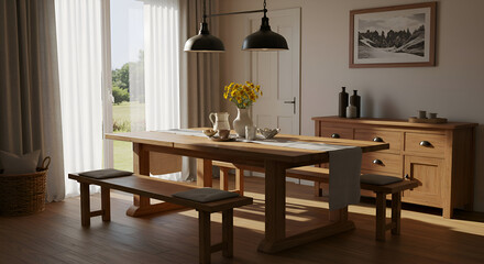 A sunny dining room scene with a rustic wooden table and benches, showcasing a casual, natural style.