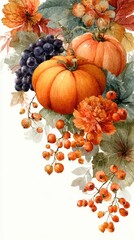 Autumn harvest featuring pumpkins, grapes, and vibrant foliage in warm tones