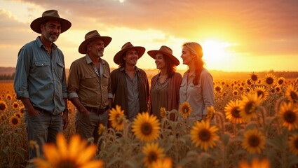 Agriculture concept with happy farmers on a sunflower field