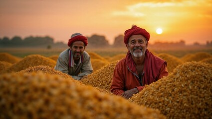 Rich harvested crop with big piles of grains and happy farmers