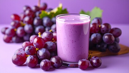 Glass of purple grape smoothie next to a bunch of red grapes on a purple background