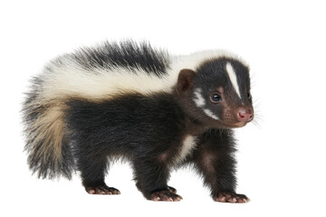 Adorable baby skunk cute wildlife animal black and white fur, isolated on a transparent background