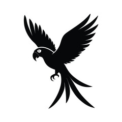 Fototapeta premium Dynamic black silhouette of a macaw parrot flying diagonally across the sky