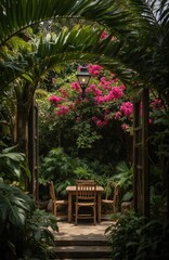 Obraz premium Tranquil tropical garden features wooden patio with table and chairs. Vibrant pink flowers bloom around green foliage. Wooden doors and windows frame the serene, lush greenery.