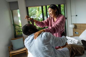 Happy diverse couple enjoying meaningful moments together, embracing love, connection, and joy
