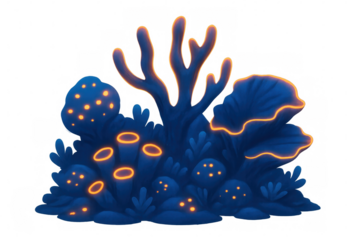 Glowing bioluminescent coral reef ecosystem illuminating translucent underwater environment with vibrant marine organisms