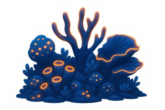 Glowing bioluminescent coral reef ecosystem illuminating translucent underwater environment with vibrant marine organisms