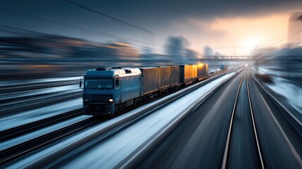 Fototapeta premium A train traveling on a snowy railway track at sunset.
