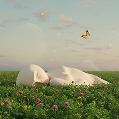 Serene Slumber in a Dreamlike Meadow: A Figurative Representation of Tranquility and Peace